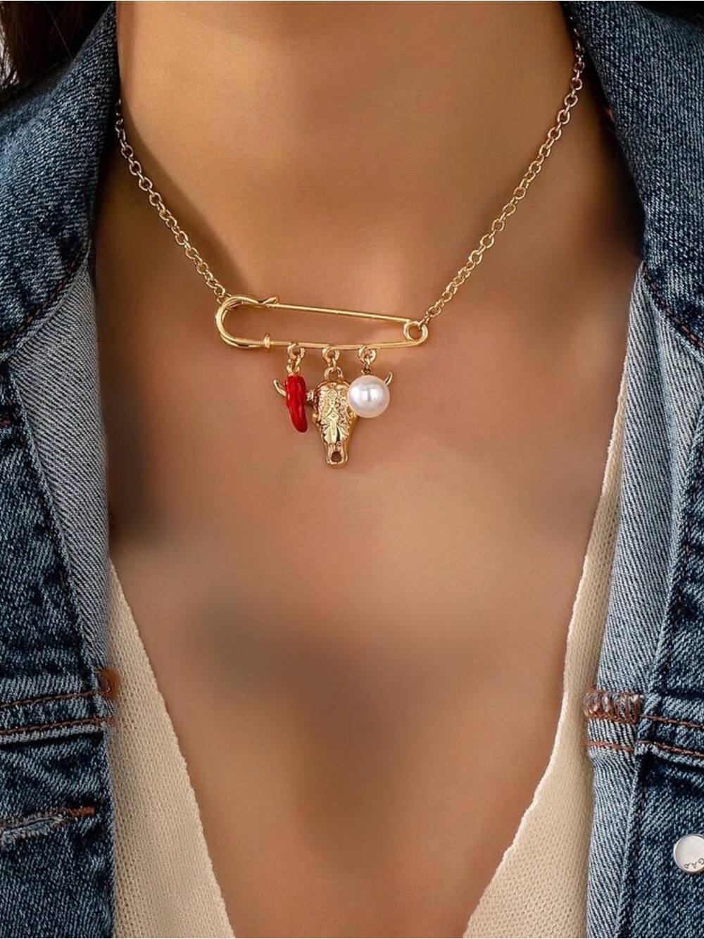Western Necklace Gold Safety Pin Charm Necklace with Red & White Accents